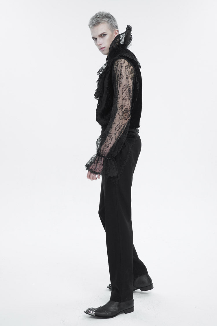 Black Lotus Leaf Stand Collar Semitransparent Lace Long Sleeved Gothic Shirt