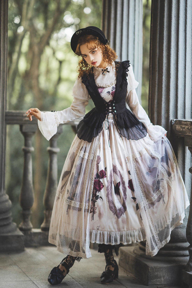 Multi-color Long Sleeves Print Ruffle French Princess Classic Gothic Lolita Dress Set