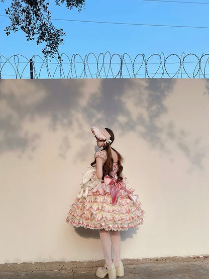 [pre-order Deadline: April 30] Sweet Pink Lolita Lace Ribbon Tiered Ruffle Princess Dress