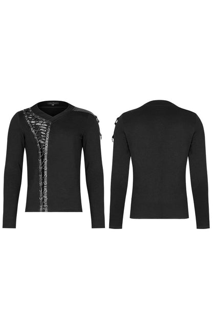 Black Long Sleeve Knit Front Splice Imitation Leather Lace Up Punk T-shirt