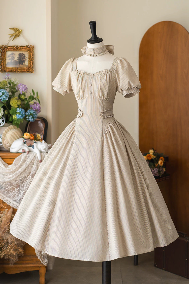 Light Khaki [chantilly Forest] Square Collar Short Sleeves Striped Printed Ruffled Classic Lolita Dress