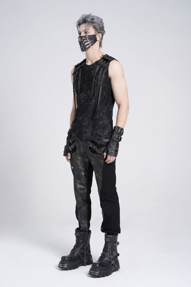 Black Sleeveless Eyelet Strap Distressed Gothic Vest