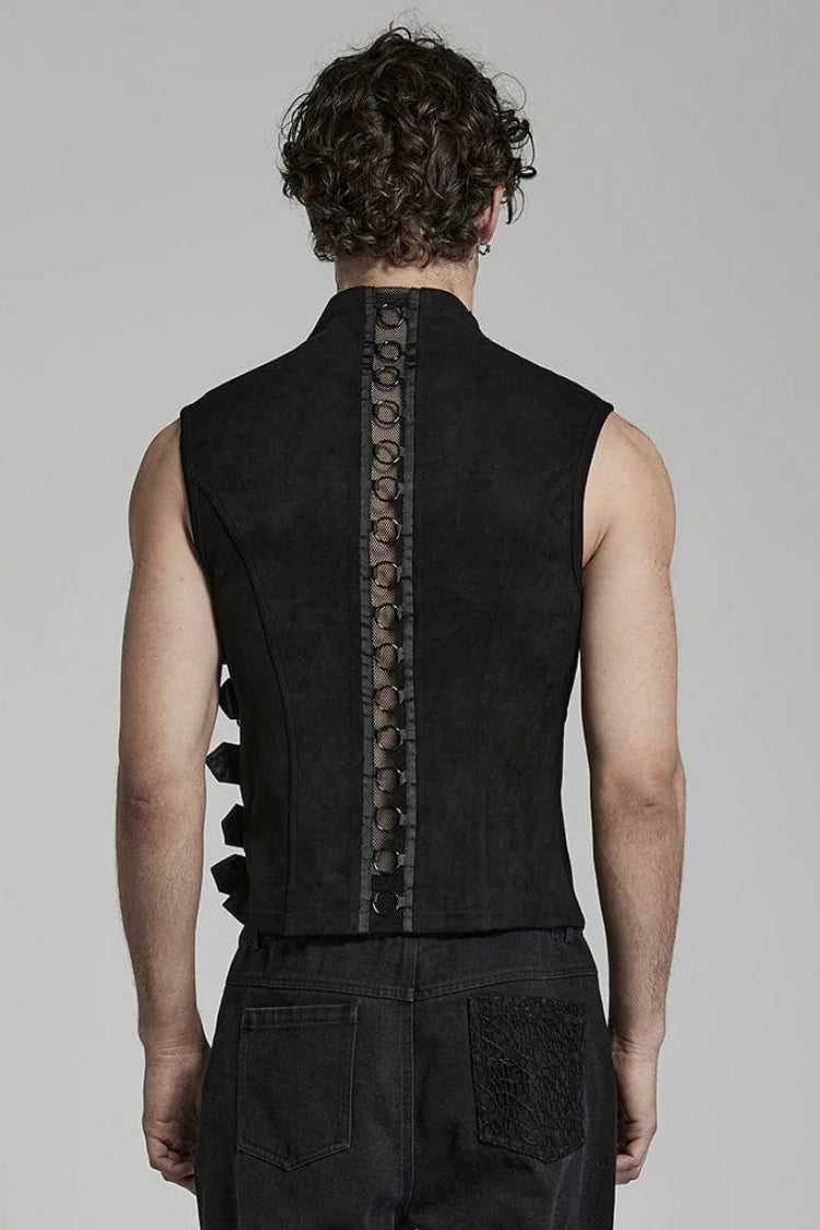 Black Sleeveless Hollow Suede Leather Stitching Irregular Gothic Vest