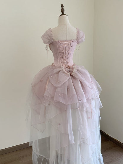 [pre-order Deadline: May 13] Pink Ballet Lolita Lace Ribbon Bustier Corset Top + Pull-up Tulle Tiered Skirt Set + Back Ribbon Train