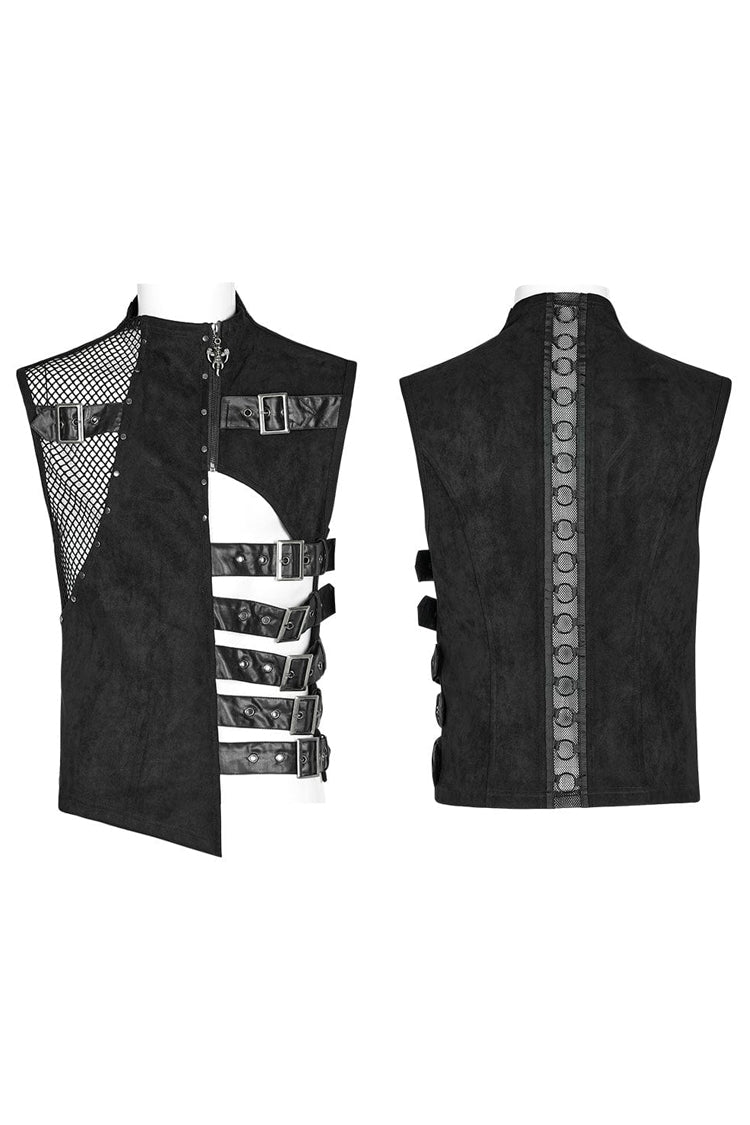 Black Sleeveless Hollow Suede Leather Stitching Irregular Gothic Vest