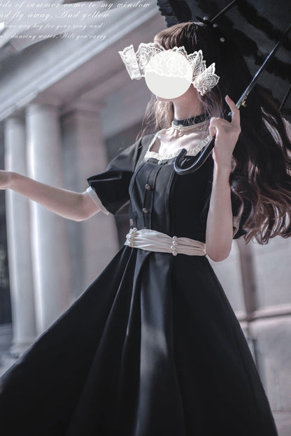 Black [random Thoughts] Square Collar Short Sleeves Ruffle Classic Lolita Dress