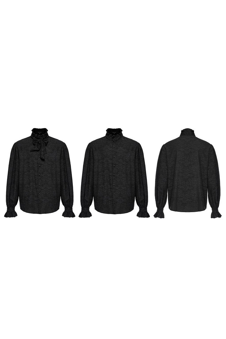 Black Stand Collar Long Puff Sleeves Jacquard Print Gothic Blouse With Necktie