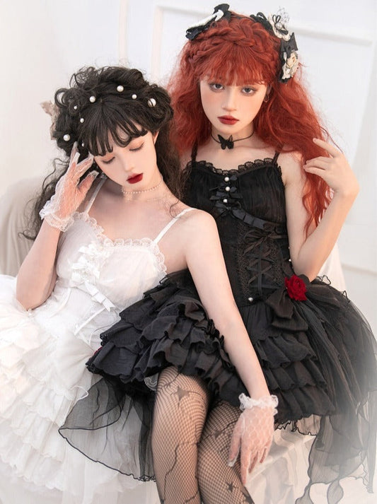 Rose Ribbon Tulle Lace Up Tiered Cami Dress