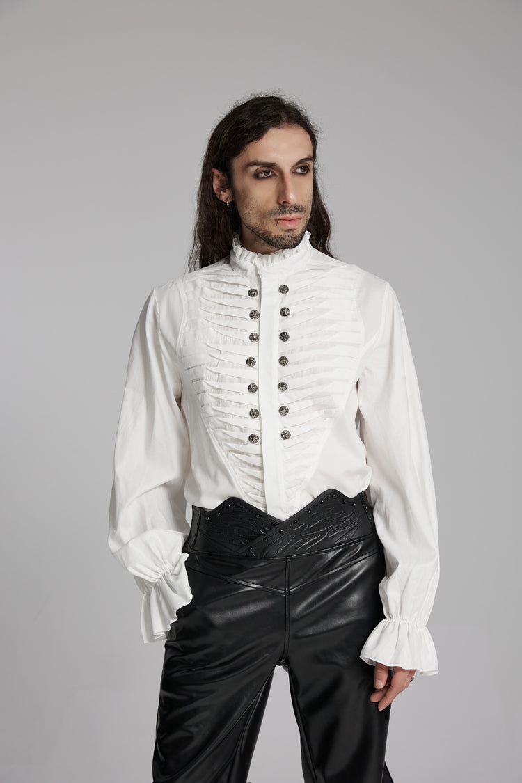 White Stand Collar Beast Buckle Long Sleeves Ruffle Gothic Blouse