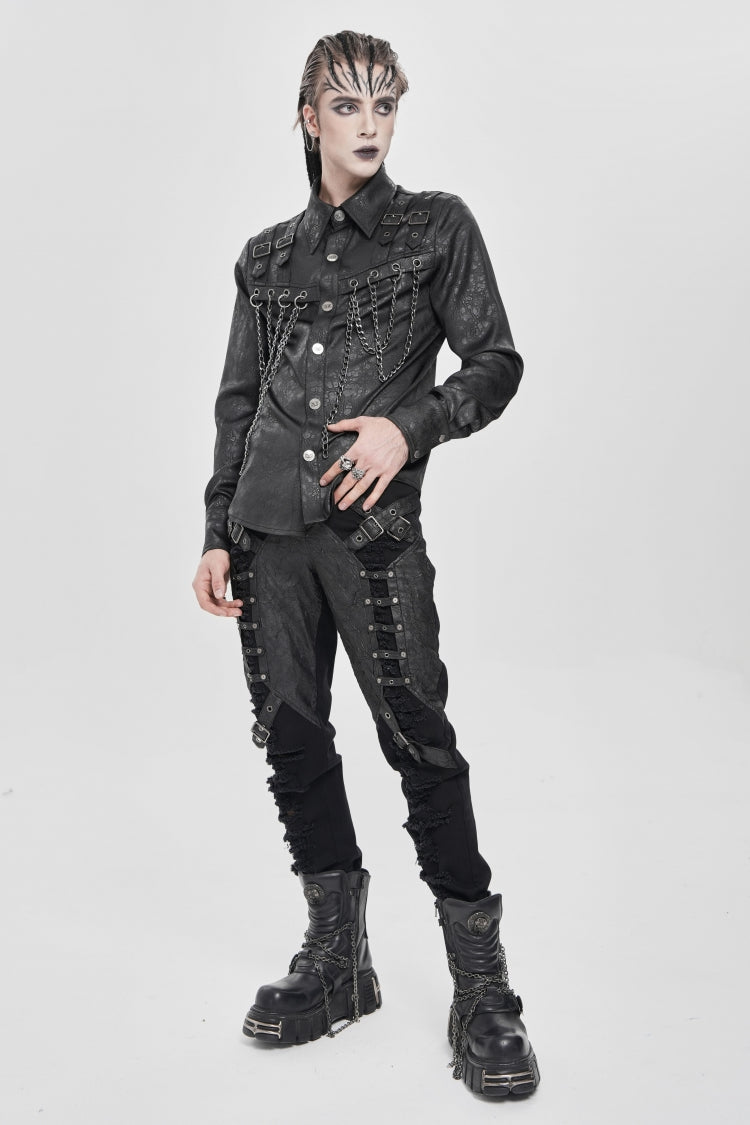 Black Lapel Collar Long Sleeves Buckled Strappy Chain-decorated Punk Shirt