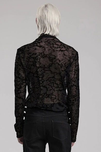Black Long Sleeves Print Sheer Mesh Gothic T-shirt