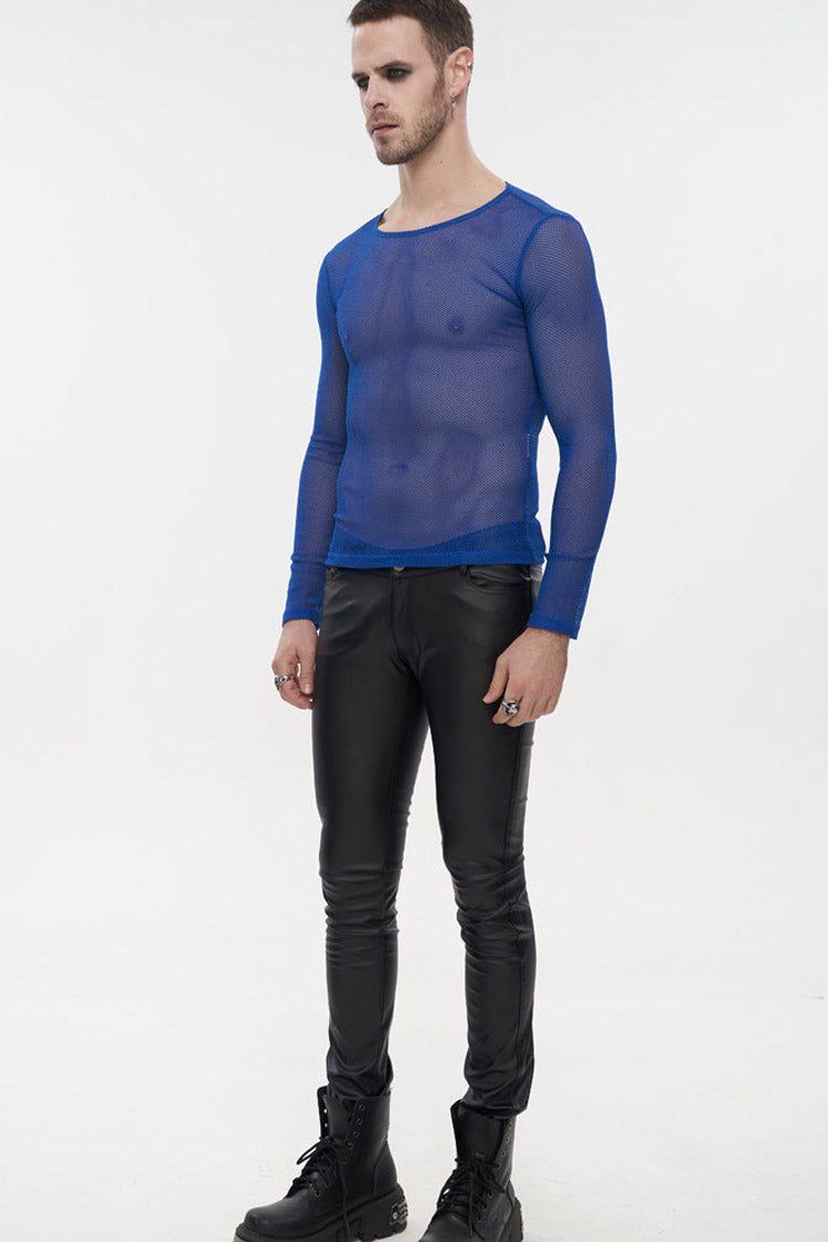 Blue Gothic Elasticity High Neck Long Sleeve Mesh Shirt