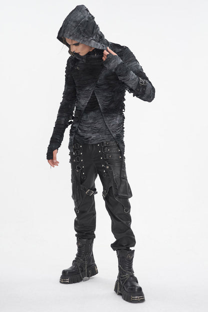 Black High Collar Long Sleeves Print Ripped Punk Hoodies T-shirt