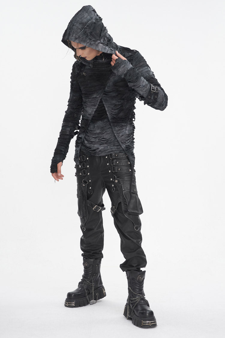 Black High Collar Long Sleeves Print Ripped Punk Hoodies T-shirt