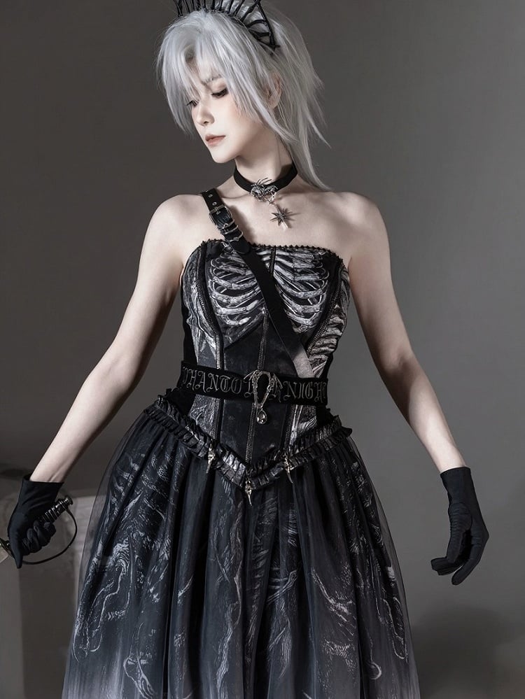[pre-order Deadline: June 8] Phantom Knight Dark Gothic Skeleton Bustier Corset Top (with Cross Straps + Waist Belt)