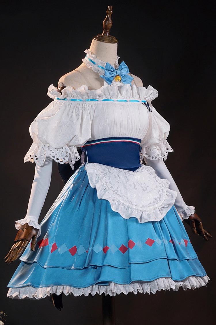 Blue/white [arknights] Short Puff Sleeves Double-layered Print Bowknot Lace Cosplay Classic Lolita Dress Set