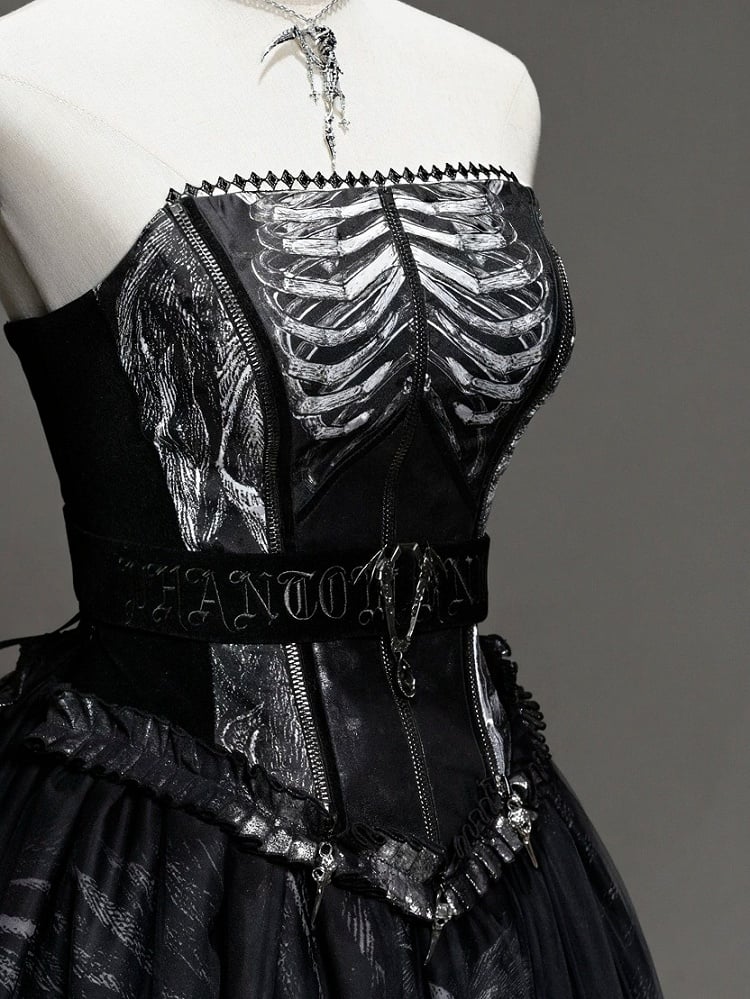 [pre-order Deadline: June 8] Phantom Knight Dark Gothic Skeleton Bustier Corset Top (with Cross Straps + Waist Belt)