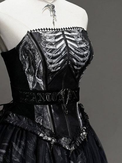 [pre-order Deadline: June 8] Phantom Knight Dark Gothic Skeleton Bustier Corset Top (with Cross Straps + Waist Belt)