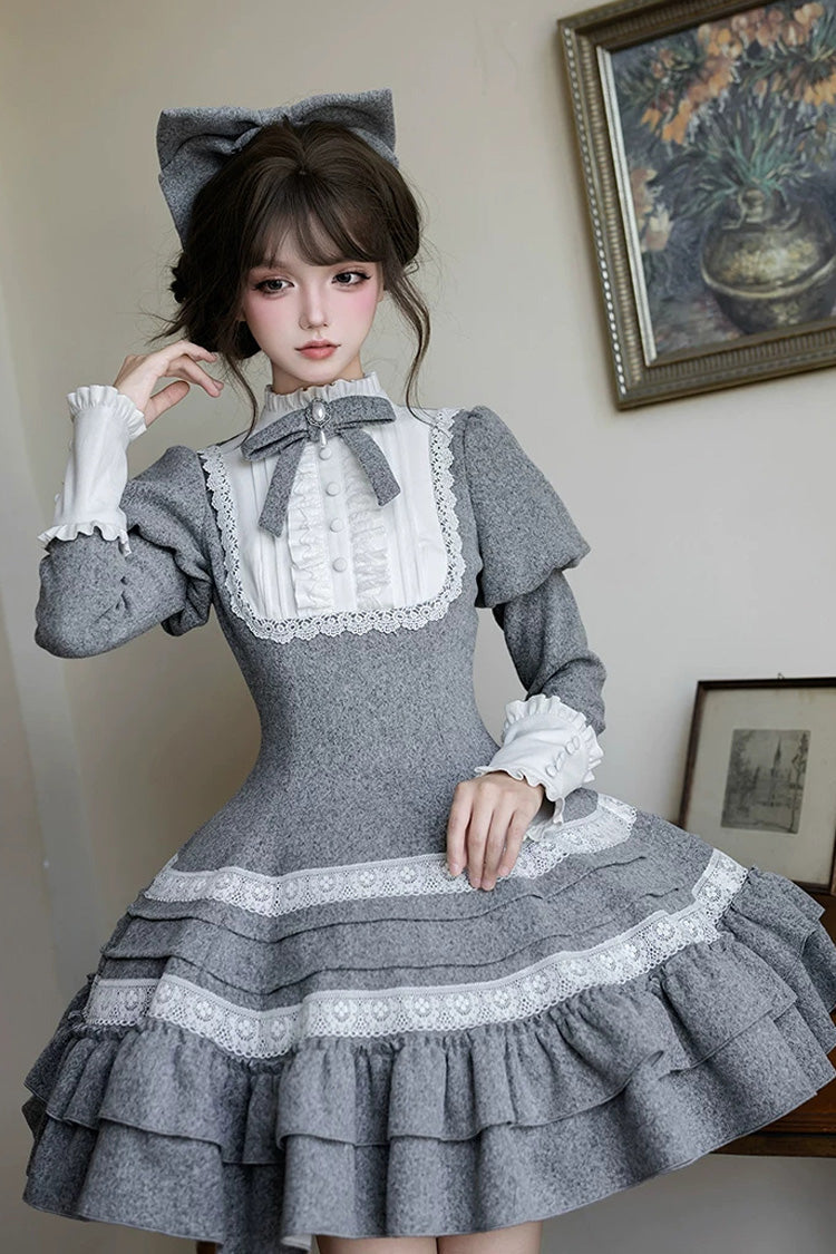 Grey [letters and Poems · Old Memories] Stand Collar Long Sleeves Double-layered Ruffled Bow Classic Lolita Dress 2 Versions