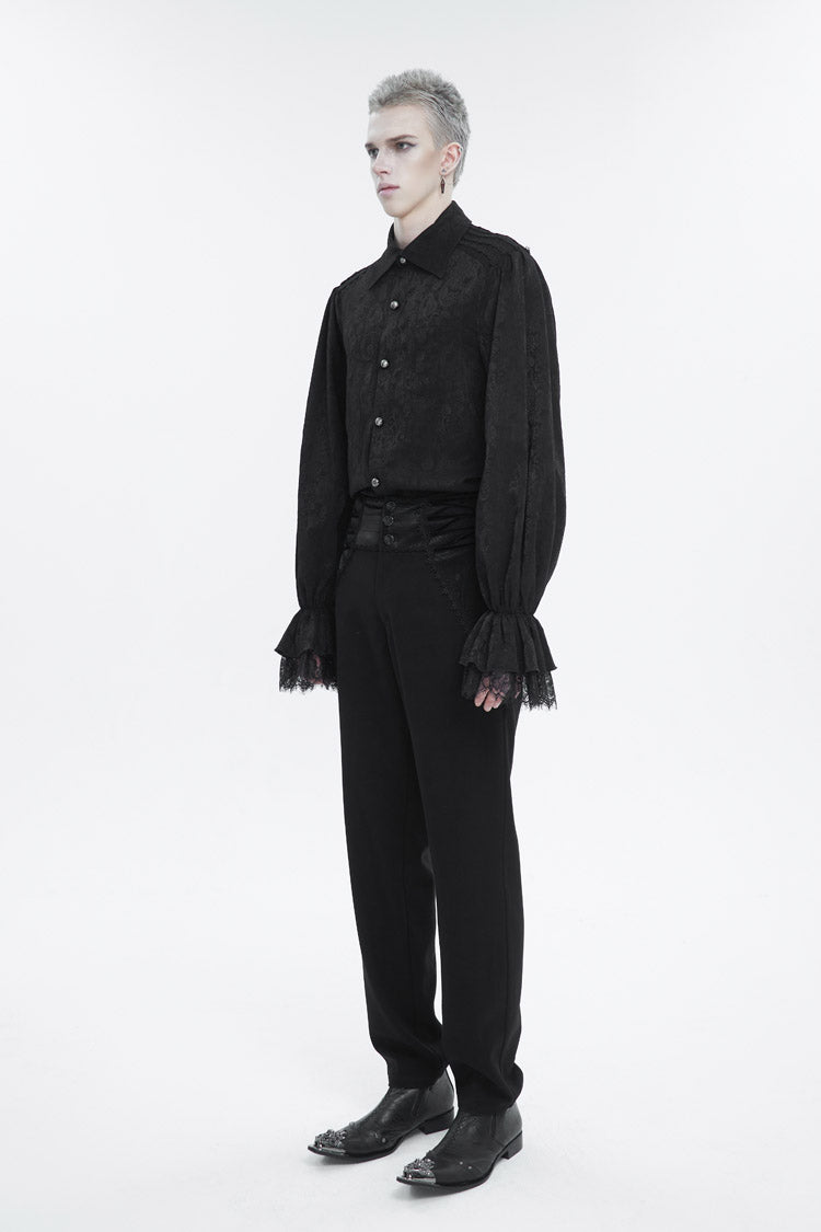 Black Lapel Collar Puff Sleeved Lace Hem Gothic Shirt