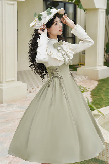 White/green [wind Garden] Stand Collar Ruffle Lace-up Color Matching Fake Two Pieces Classic Lolita Dress