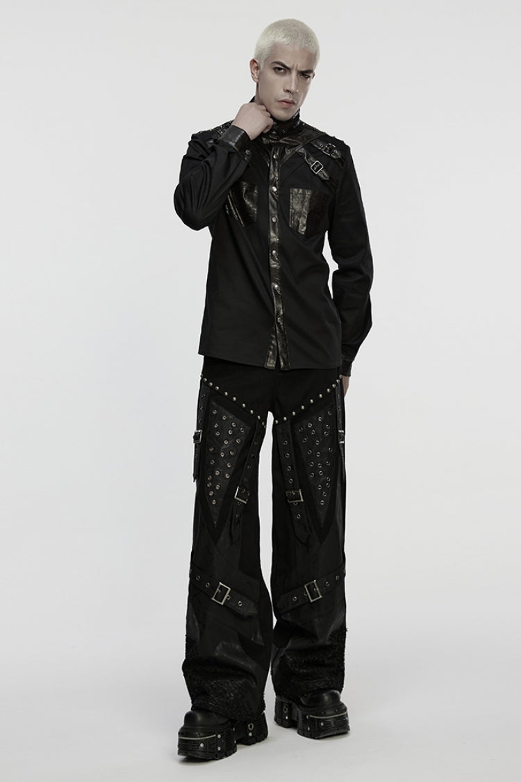 Black Stand Collar Long Sleeves Rivet Buckle Straps Eyelet Punk Blouse