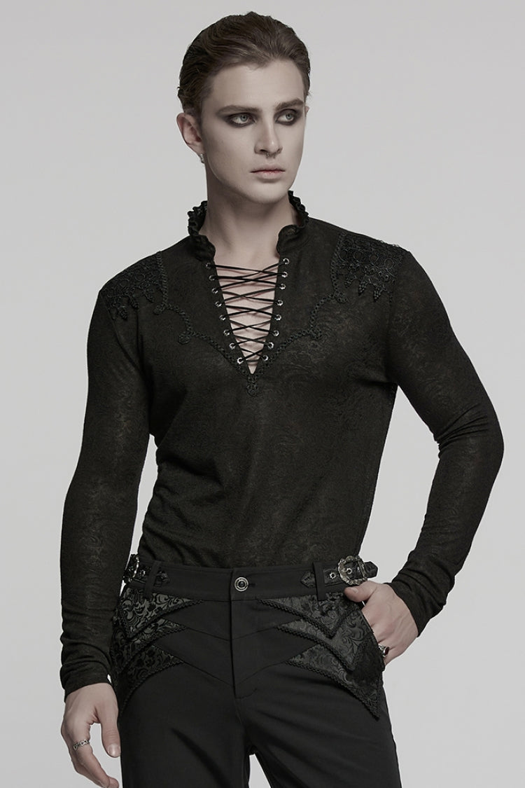 Black V Collar Long Sleeves Jacquard Embroidery Gothic Blouse