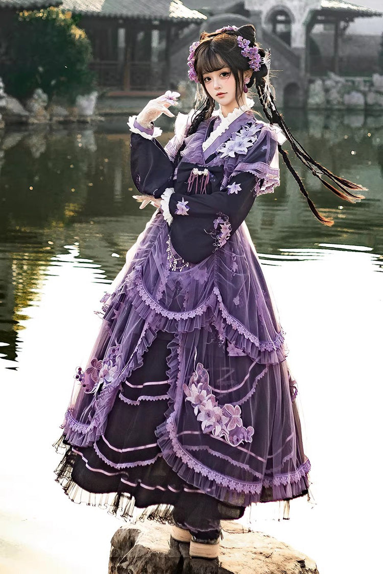 Purple [violet Gauze Lily] Stand Collar Long Sleeves Ruffled Embroidered Bow Classic Chinese Style Lolita Dress Set