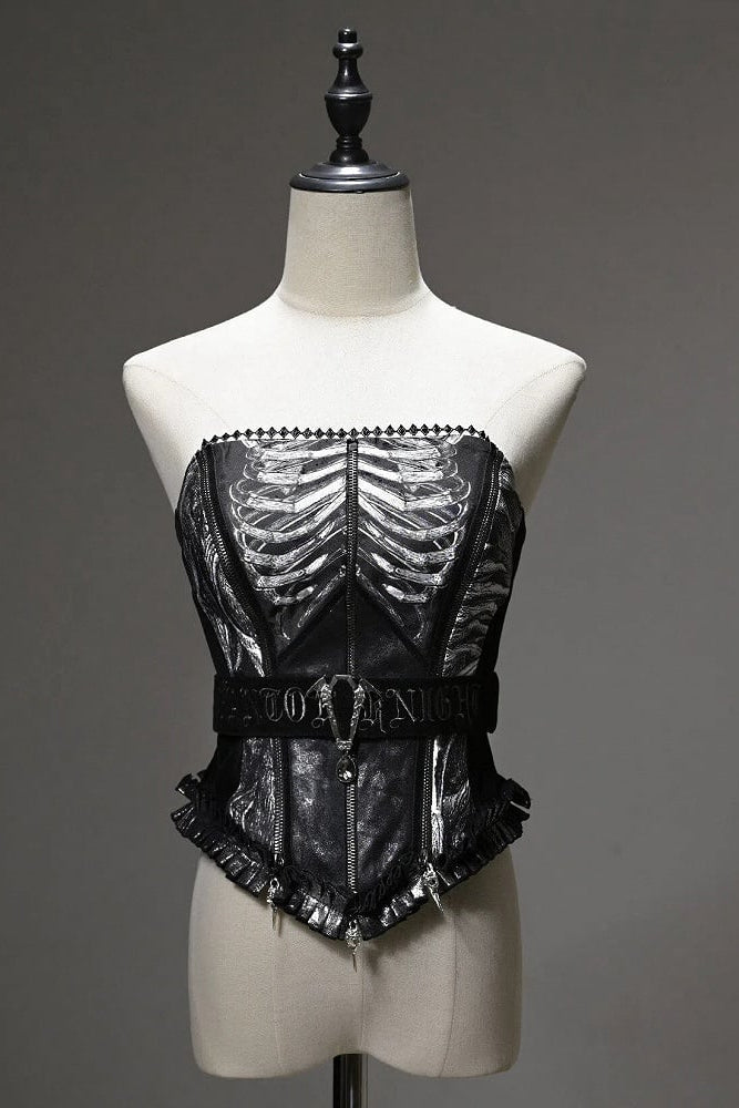 [pre-order Deadline: June 8] Phantom Knight Dark Gothic Skeleton Bustier Corset Top (with Cross Straps + Waist Belt)