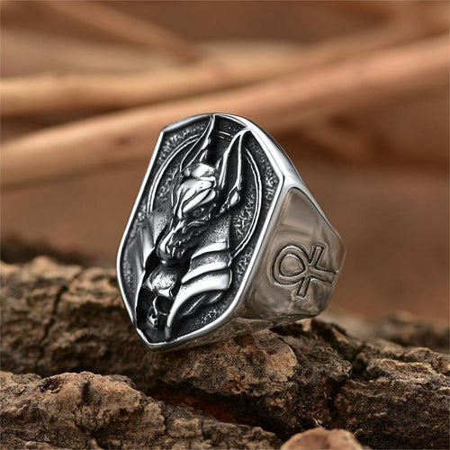 Ancient Egyptian Anubis Signet Ring With Ankh Cross for