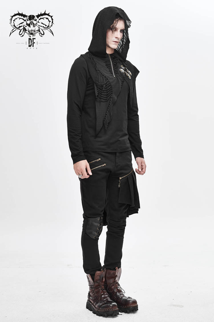 Black Long Sleeves Asymmetric Tatters Strip Leather Metal Loop Hooded Punk T-shirt