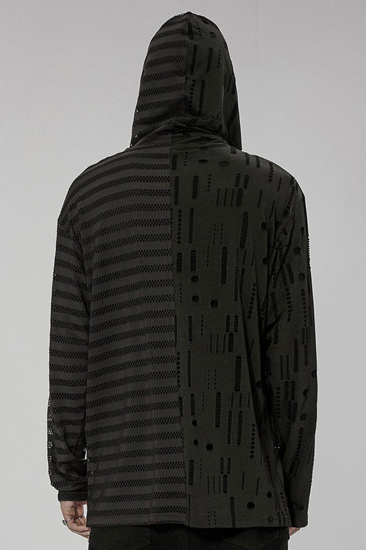 Black Punk Personality Left-right Asymmetrical Knitted Stitching Hooded T-shirt