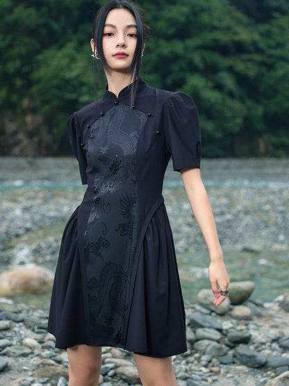 Jacquard Retro Puff Sleeve Chinese-style Dress