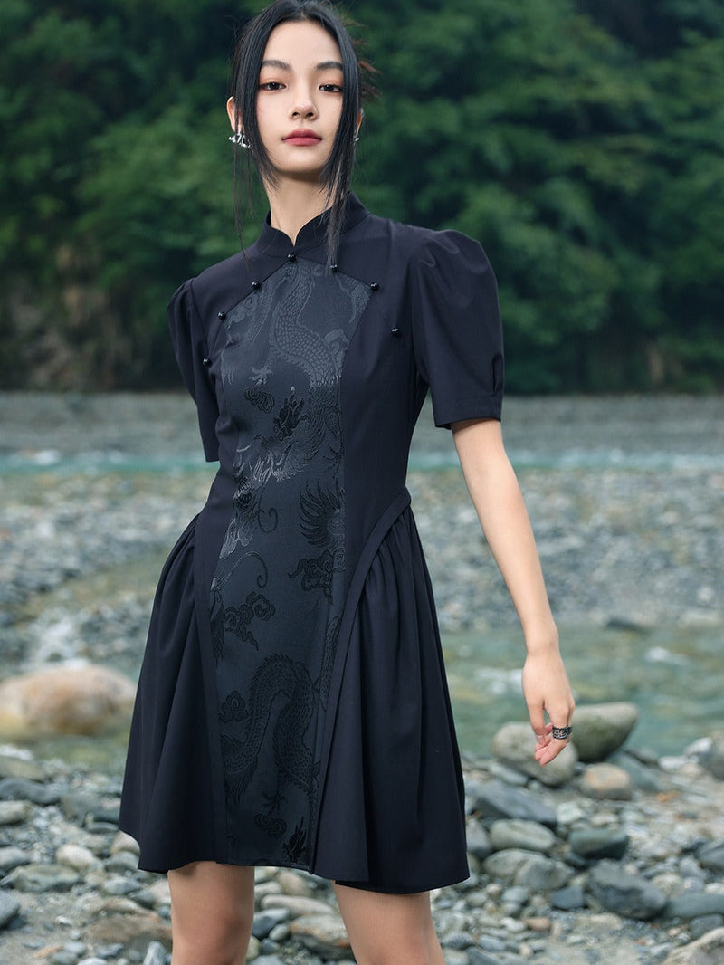 Jacquard Retro Puff Sleeve Chinese-style Dress