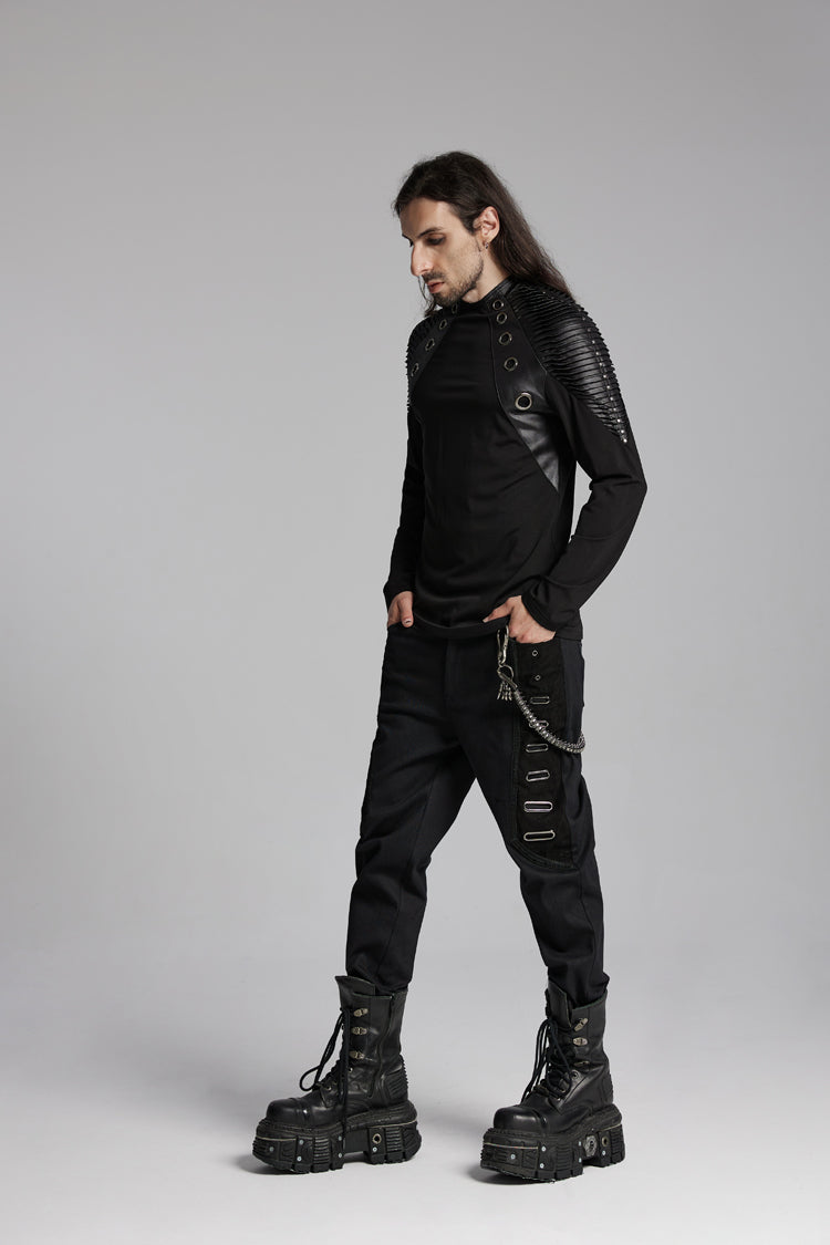 Black Round Collar Long Sleeves Mesh Pleated Loop Punk Blouse