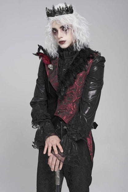 Black Long Sleeves Rose Print Irregular Contrast Color Gothic Vest With Detachable Feather Accessory