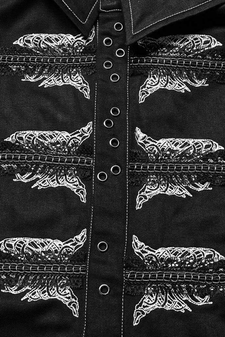 Black Lapel Collar Long Sleeves Skull Print Embroidery Steampunk Blouse