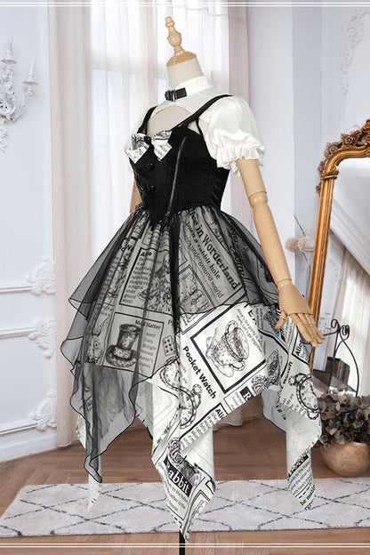 Black Fake Two Pieces Printed Irregular Hem Classic Lolita Dress