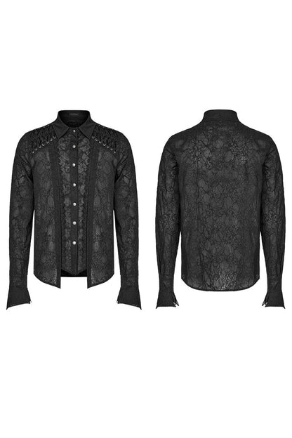 Black Lapel Collar Long Sleeves Lace Daily Gothic Blouse