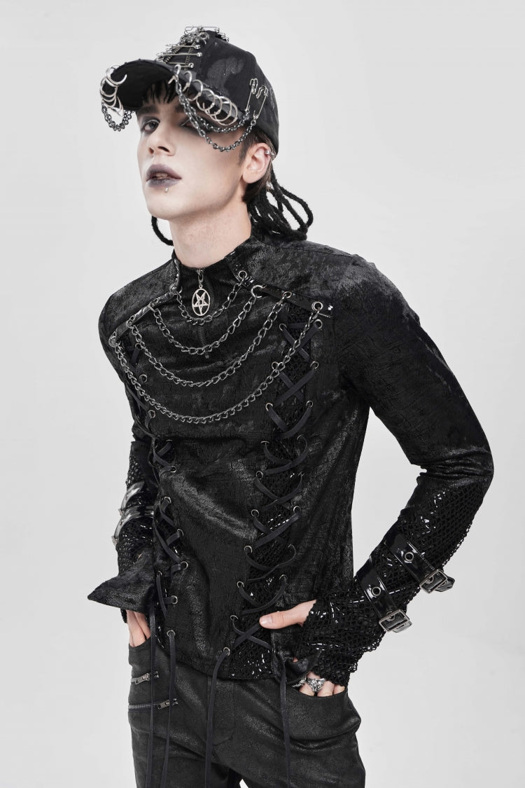 Black Stitching Lace-up Mesh Chain Punk Blouse