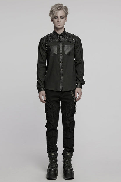 Black Lapel Collar Long Sleeves Faux Leather Stitching Buckle Punk Blouse