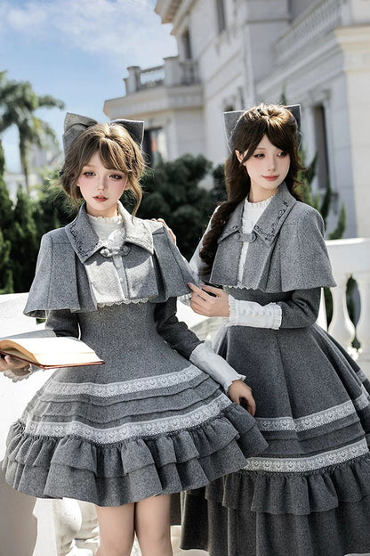 Grey [letters and Poems · Old Memories] Stand Collar Long Sleeves Double-layered Ruffled Bow Classic Lolita Dress 2 Versions