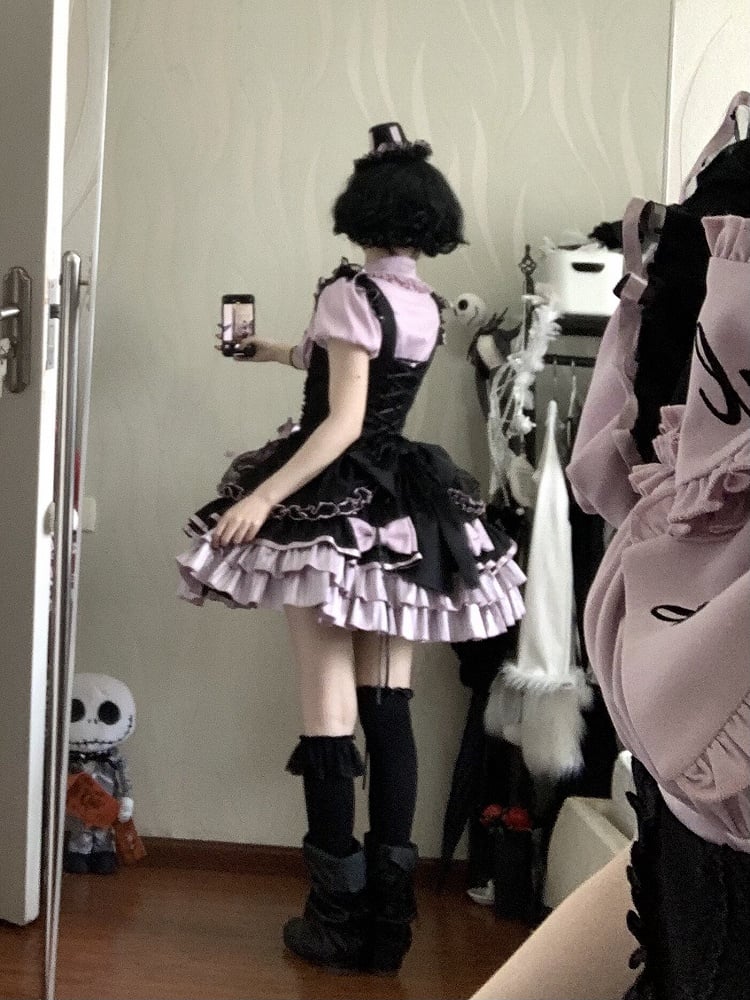 [order Deadline: May 12] Black Purple Lolita Idol Ribbon Puff Sleeve Shirt + Corset Tulle Pull-up Jks Dress Set