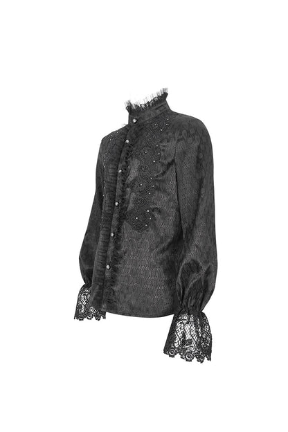 Black Stand Collar Puff Sleeved Lace Splice Gothic Shirt