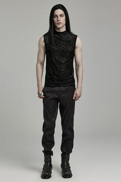 Black Sleeveless Beaded Cross Flocking Print Gothic Tank Top