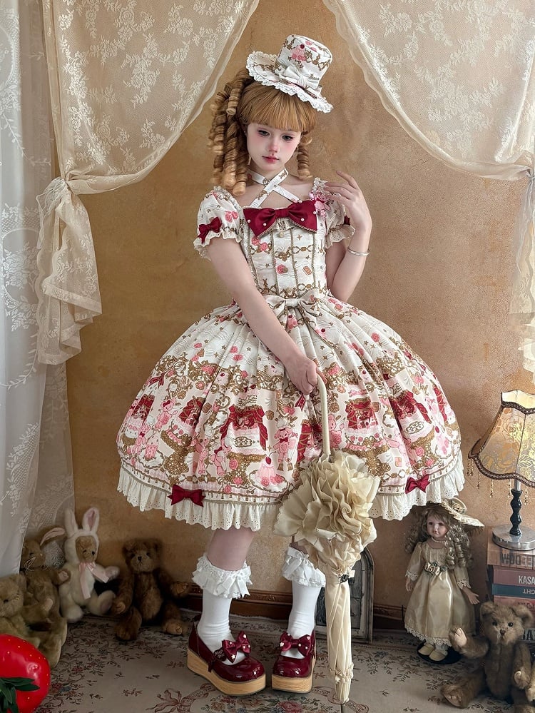 [pre-order Deadline: April 26] Retro Romance Sweet Lolita Ribbon Cake Print Halter Neck Dress