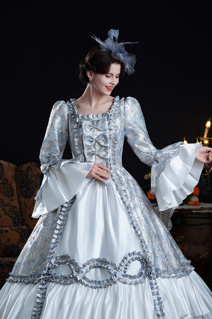 Blue Square Collar Long Trumpet Sleeves Double-layered Ruffled Embroidered Open-front Bow Classic Palace Lolita Victorian Dress