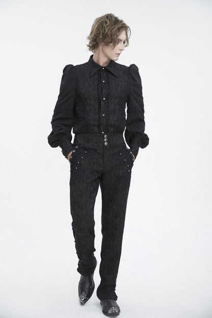 Black Lapel Collar Lantern Sleeves Jacquard Embroidery Gothic Blouse