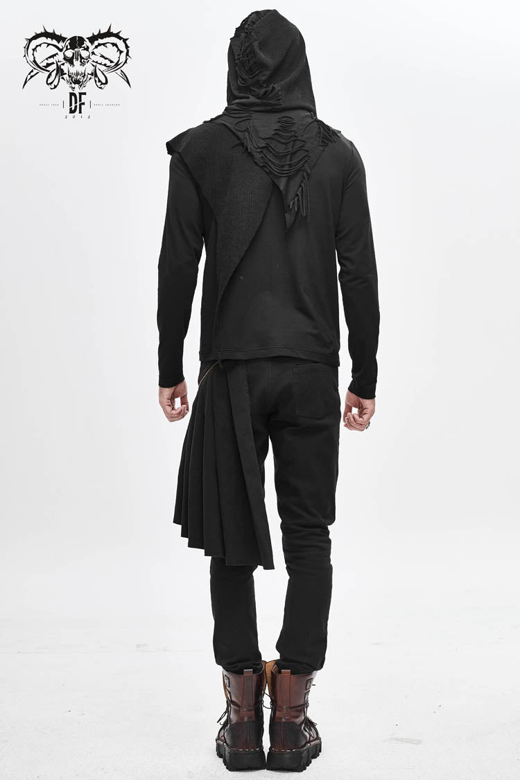 Black Long Sleeves Asymmetric Tatters Strip Leather Metal Loop Hooded Punk T-shirt