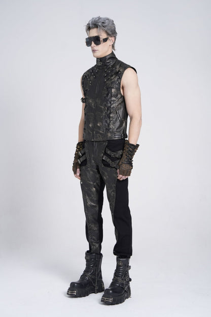 Black Stand Collar Sleeveless Strappy Stitching Zipper Gothic Vest